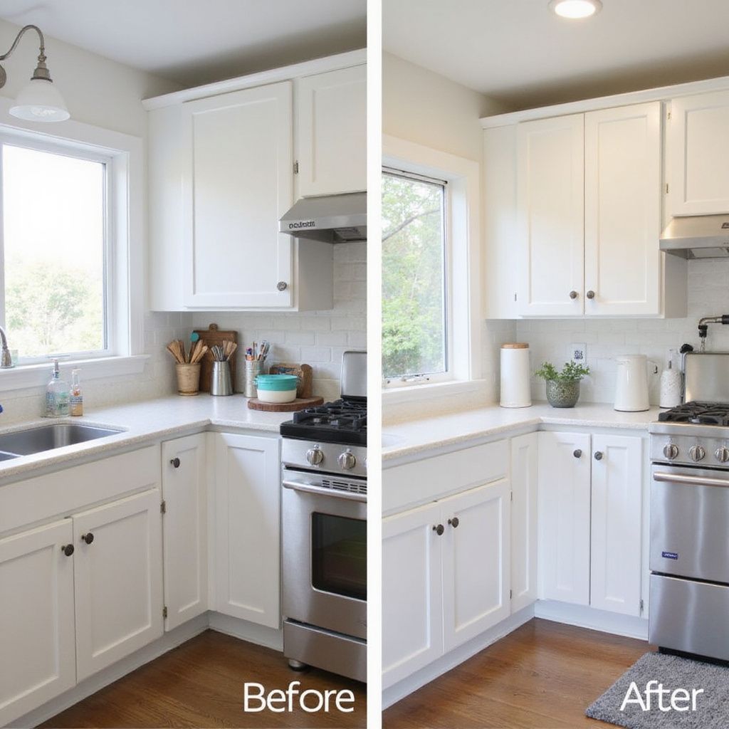 Kitchen before and after renovation: white cabinets, stainless steel appliances, corner sink, and wooden floors.