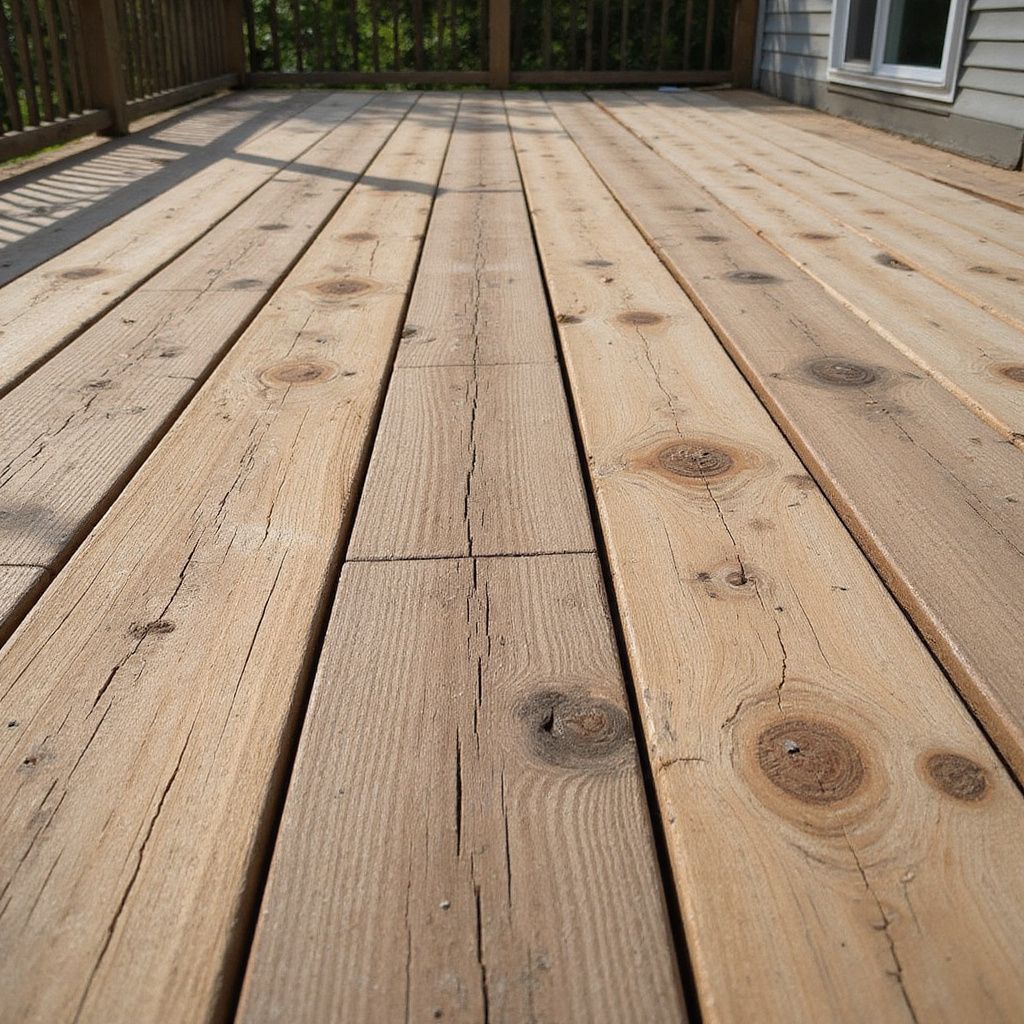 Wooden deck with weathered planks and knots, in dappled sunlight.