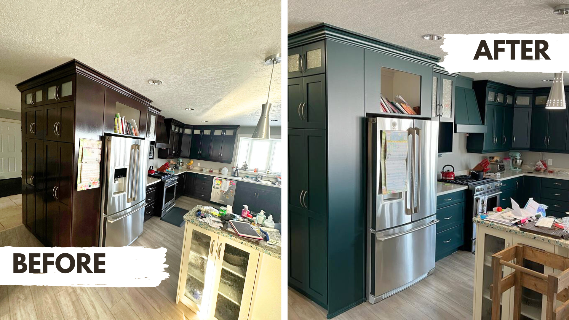 Before and after kitchen cabinet colour change. 