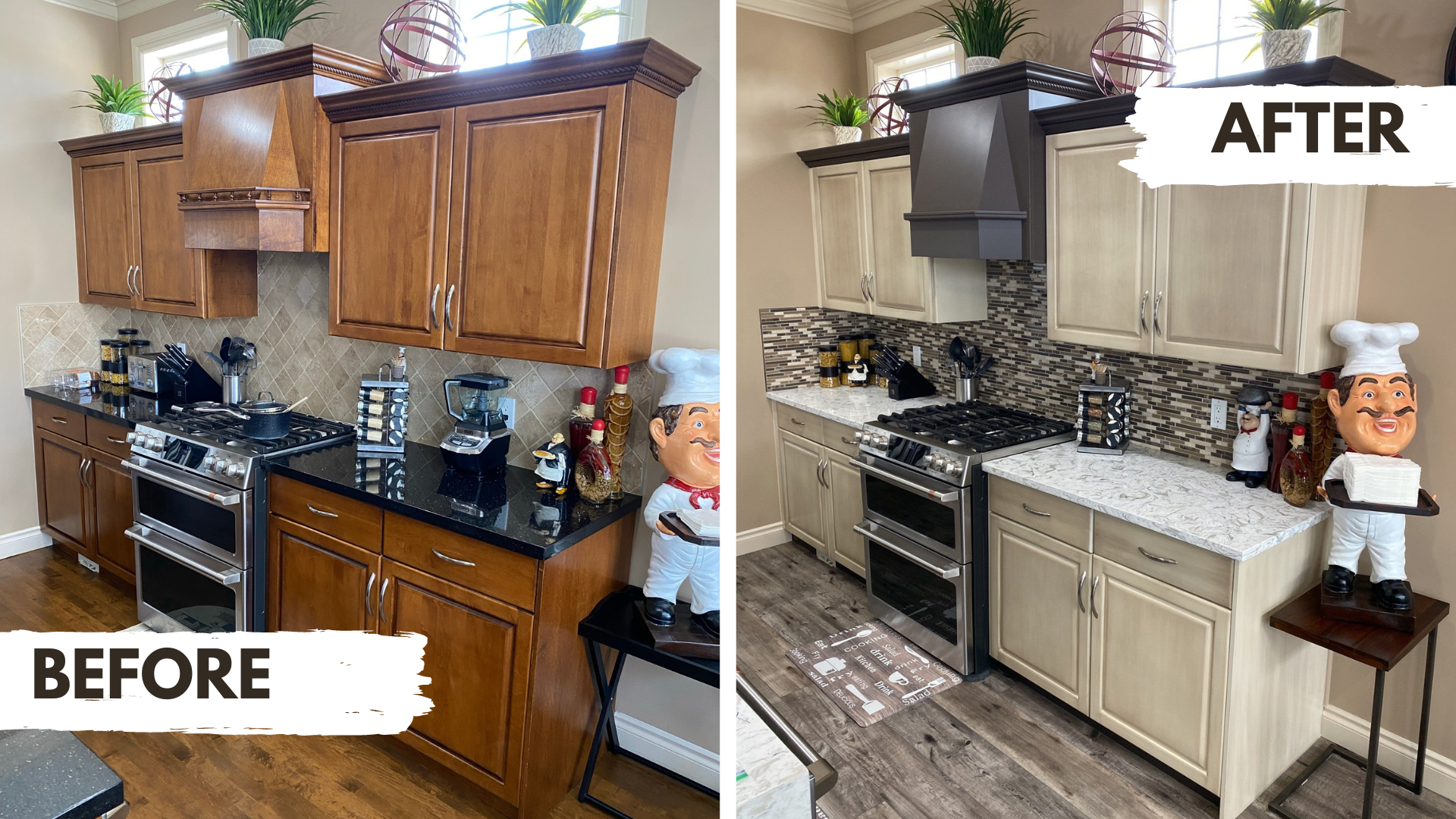 From brown wood looking cabinets to a modern white wash effect.
