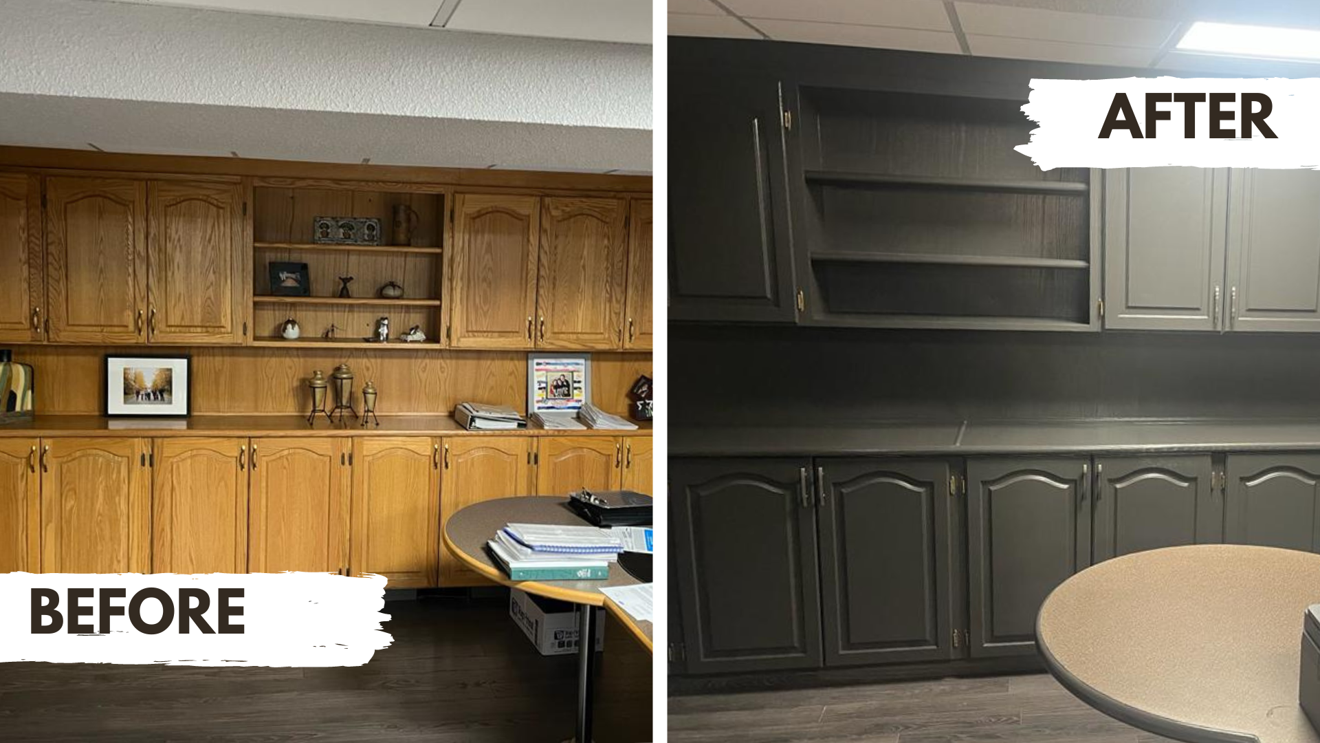 Oak cabinets before painting. Refreshed by painting dark grey to look more modern in office space.