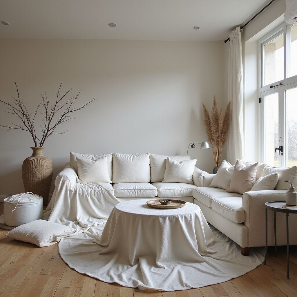 Cozy living room with cream-colored sectional sofa and round coffee table draped in fabric, near a window.