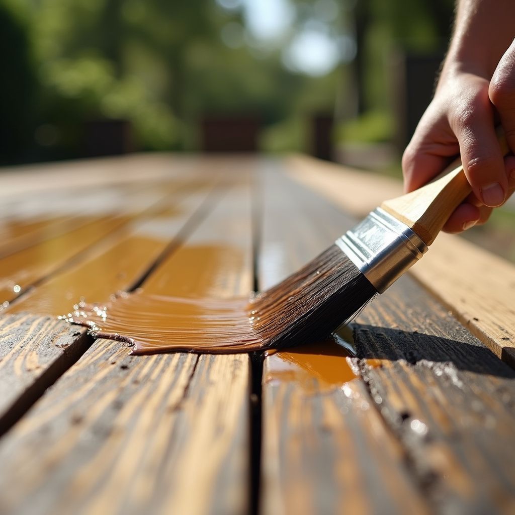 Person staining a wooden deck with a paintbrush, brown stain visible.