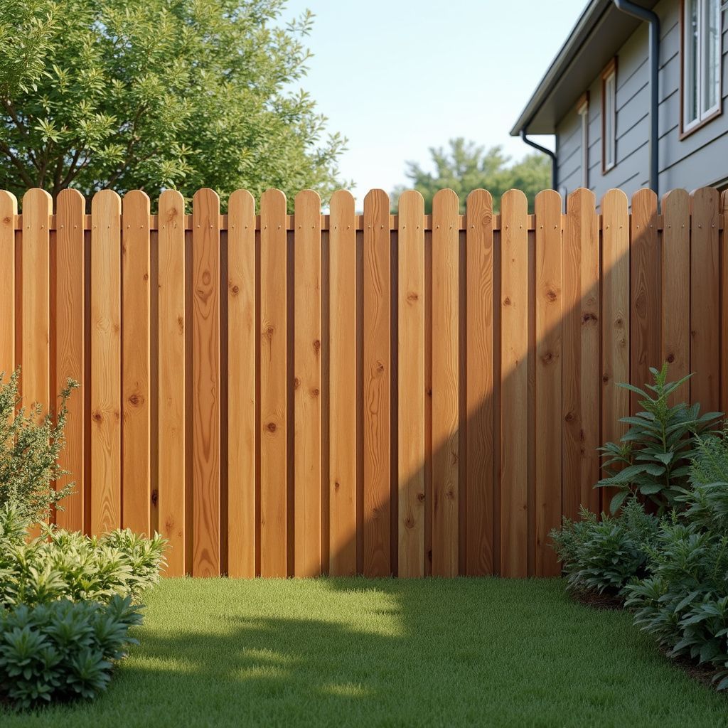 Wooden fence with arched tops, enclosing a green lawn in front of a house.