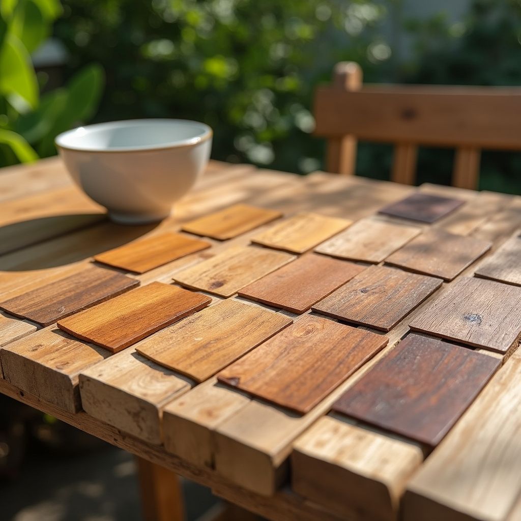 Wooden table with various wood stain samples displayed in the sun; a white bowl sits nearby.