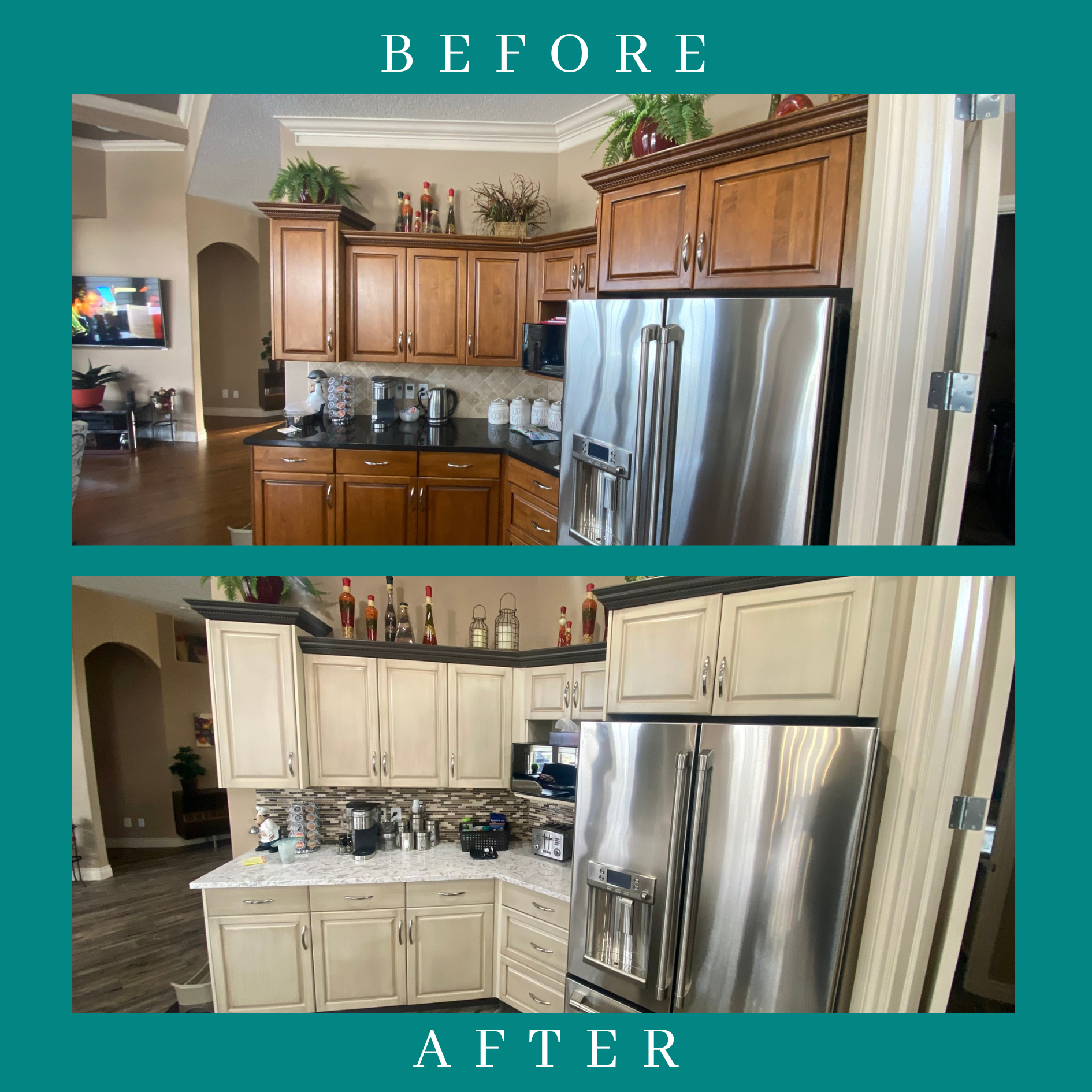 A before and after photo of a kitchen with wooden cabinets and stainless steel appliances.