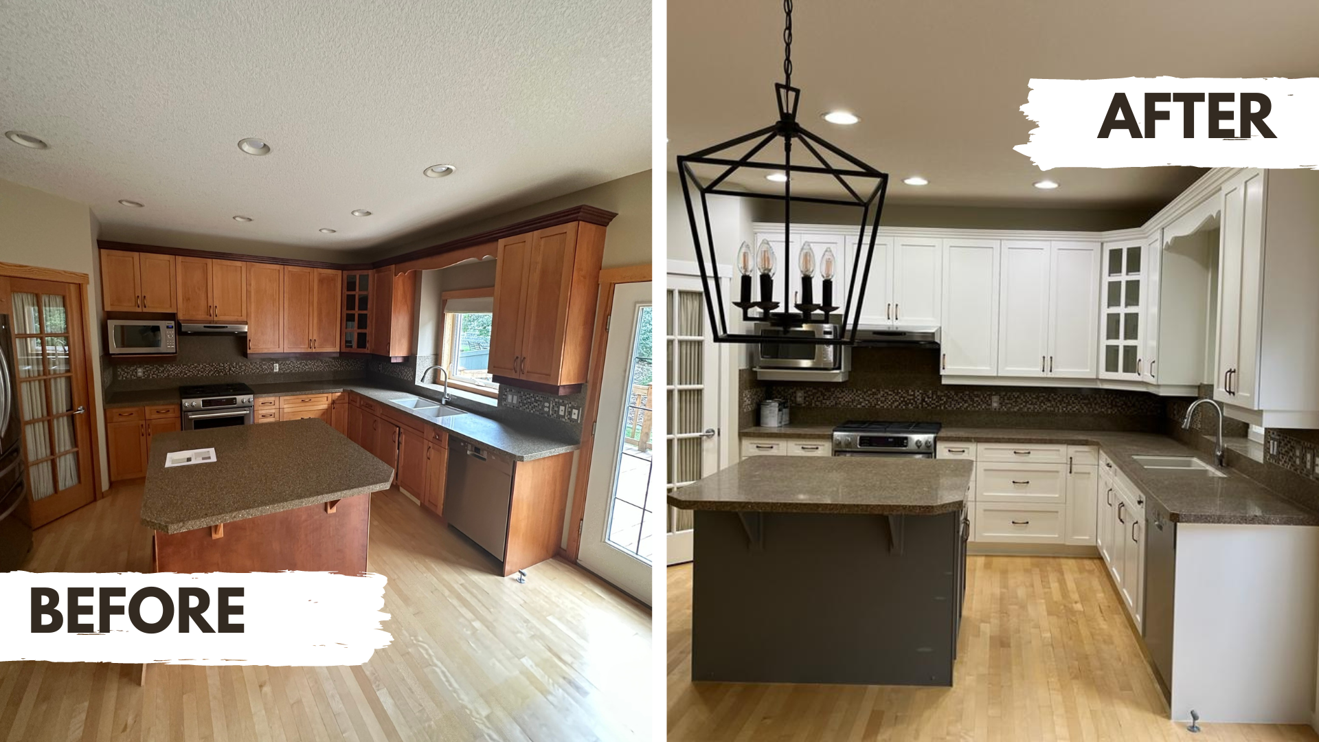 Before and after kitchen painting stained wood to white