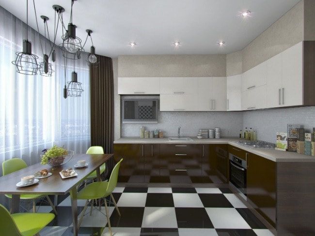 A kitchen with a table and chairs and a checkered floor