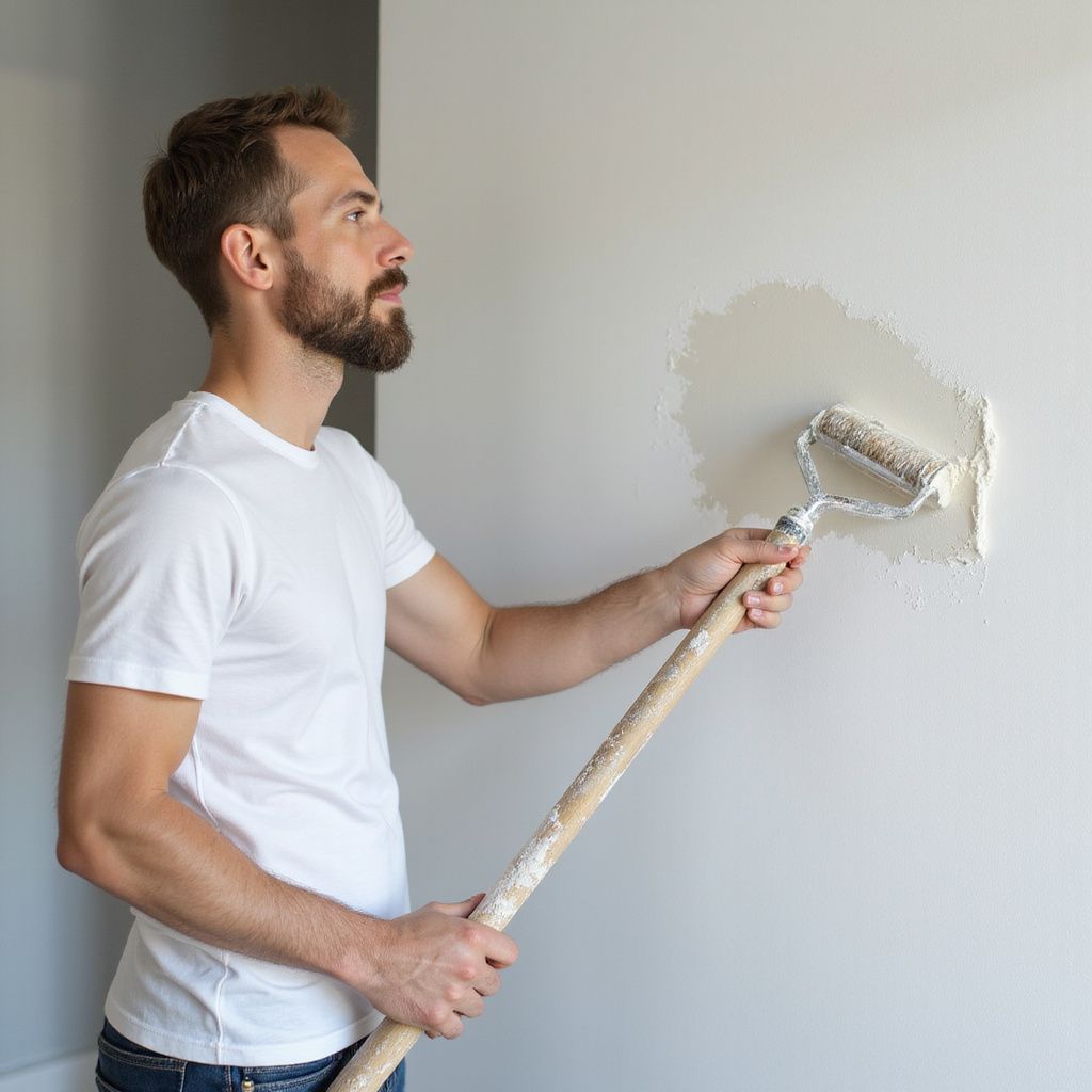 Man painting a wall with a paint roller.