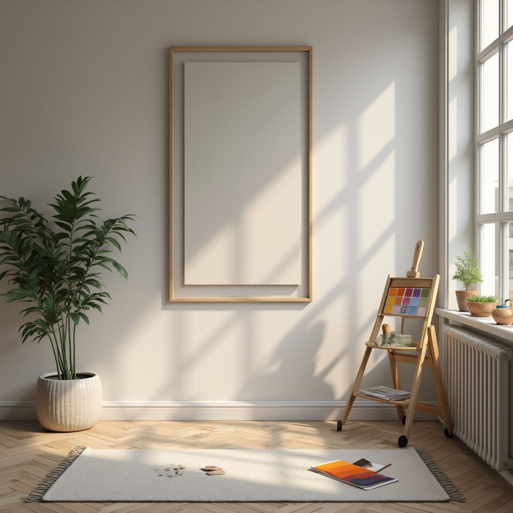 A light-filled room with a framed empty canvas, easel, plant, rug, and window with sunlight.