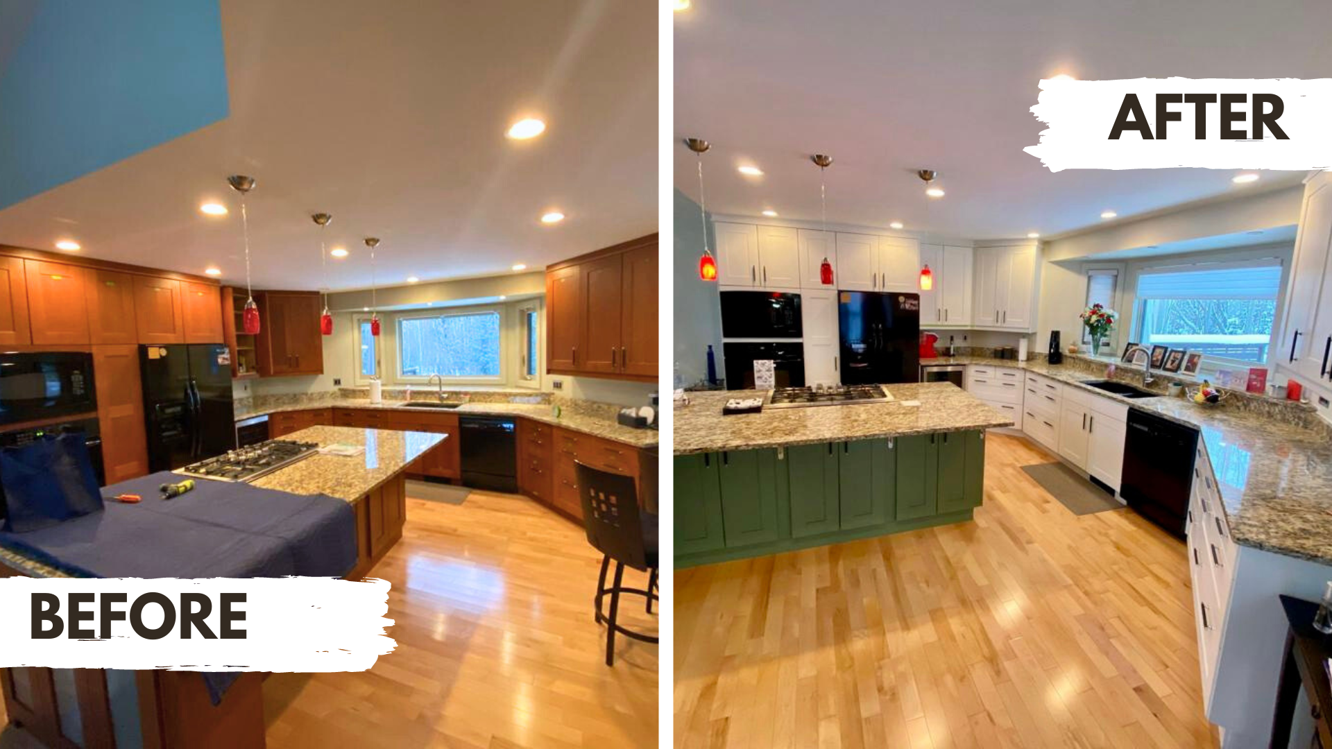 Kitchen Painting - stained wood to white cabinets with a green island
