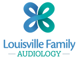 The logo for louisville family audiology is a blue and green infinity symbol.