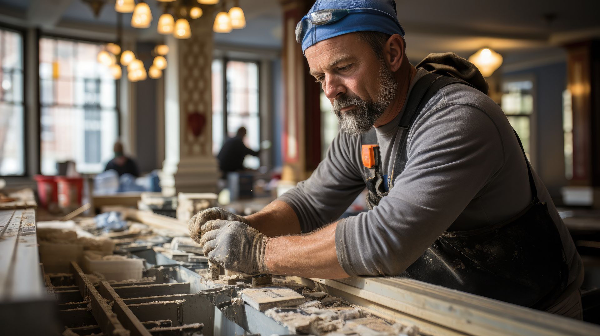 A man is working on a counter in a restaurant.