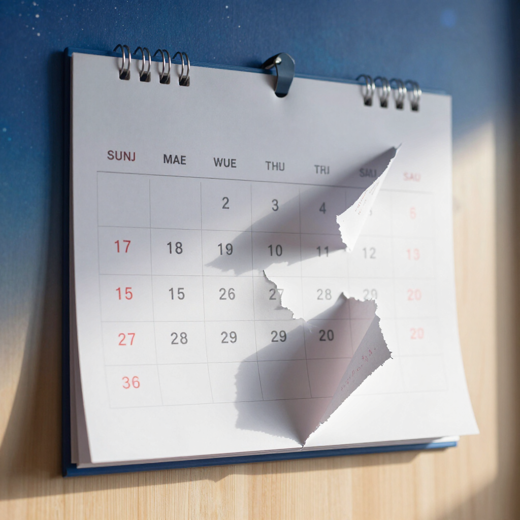 Wall calendar with a large torn hole through the center on a blue wall