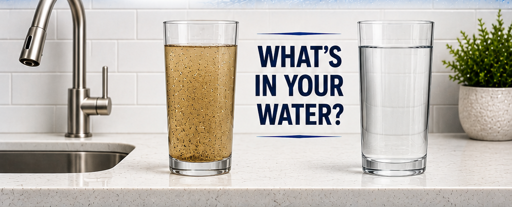 Kitchen sink with a water glass beside a clear glass next to the text “WHAT’S IN YOUR WATER?”
