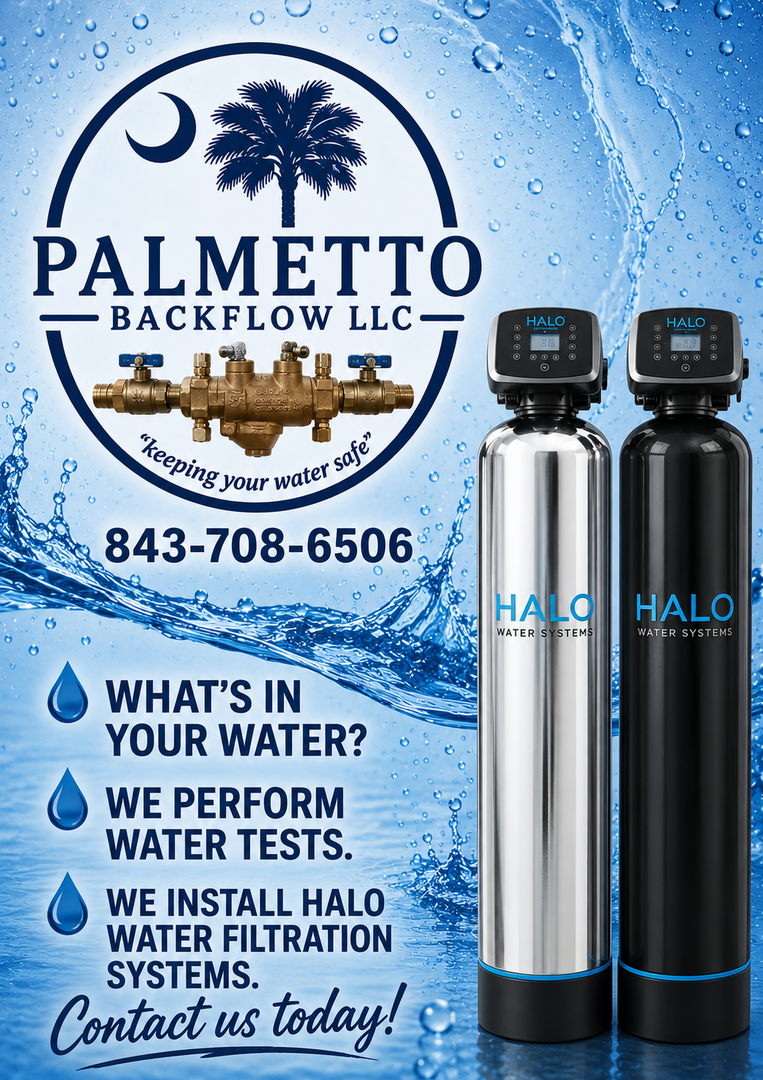 Palmetto Backflow LLC water test ad with two Halo filtration cylinders and contact number 843-708-6506