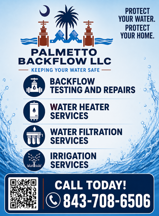 Palmito Backflow LLC service ad with blue water splash, logo, QR code, and phone number 843-708-6506