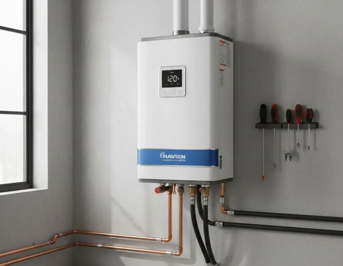 White wall-mounted boiler with copper pipes in a bright bathroom or utility room