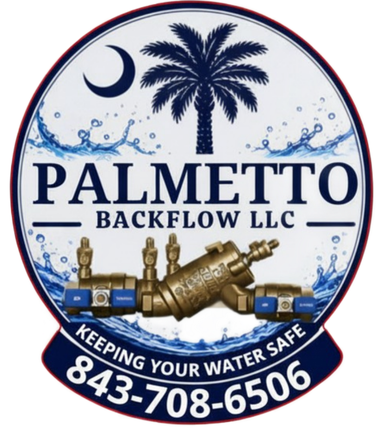 Palmetto Backflow LLC logo with palm tree, moon, water meter parts, and phone number 843-708-6506
