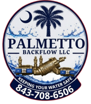 Palmetto Backflow LLC logo with palm tree, moon, water meter parts, and phone number 843-708-6506