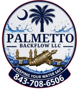 Palmetto Backflow LLC logo with palm tree, moon, water meter parts, and phone number 843-708-6506