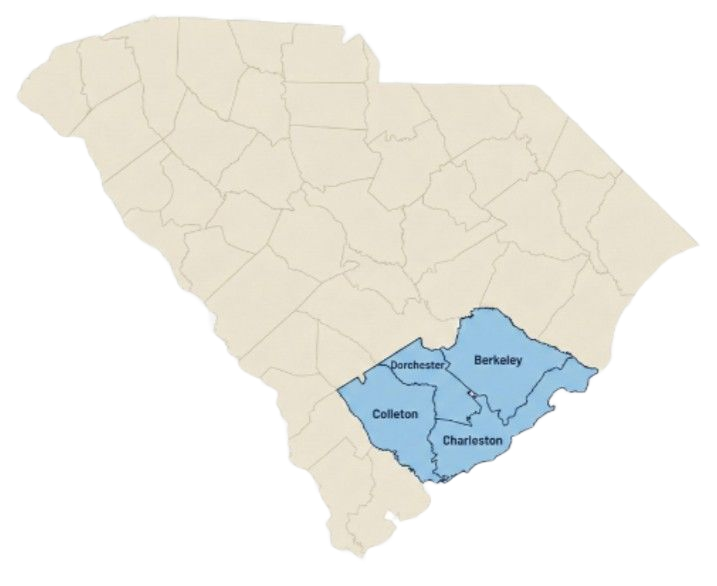 Map of South Carolina highlighting Charleston, Colleton, and Berkeley counties in blue.