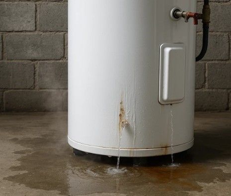 White water heater leaking onto a concrete floor in a basement-like room