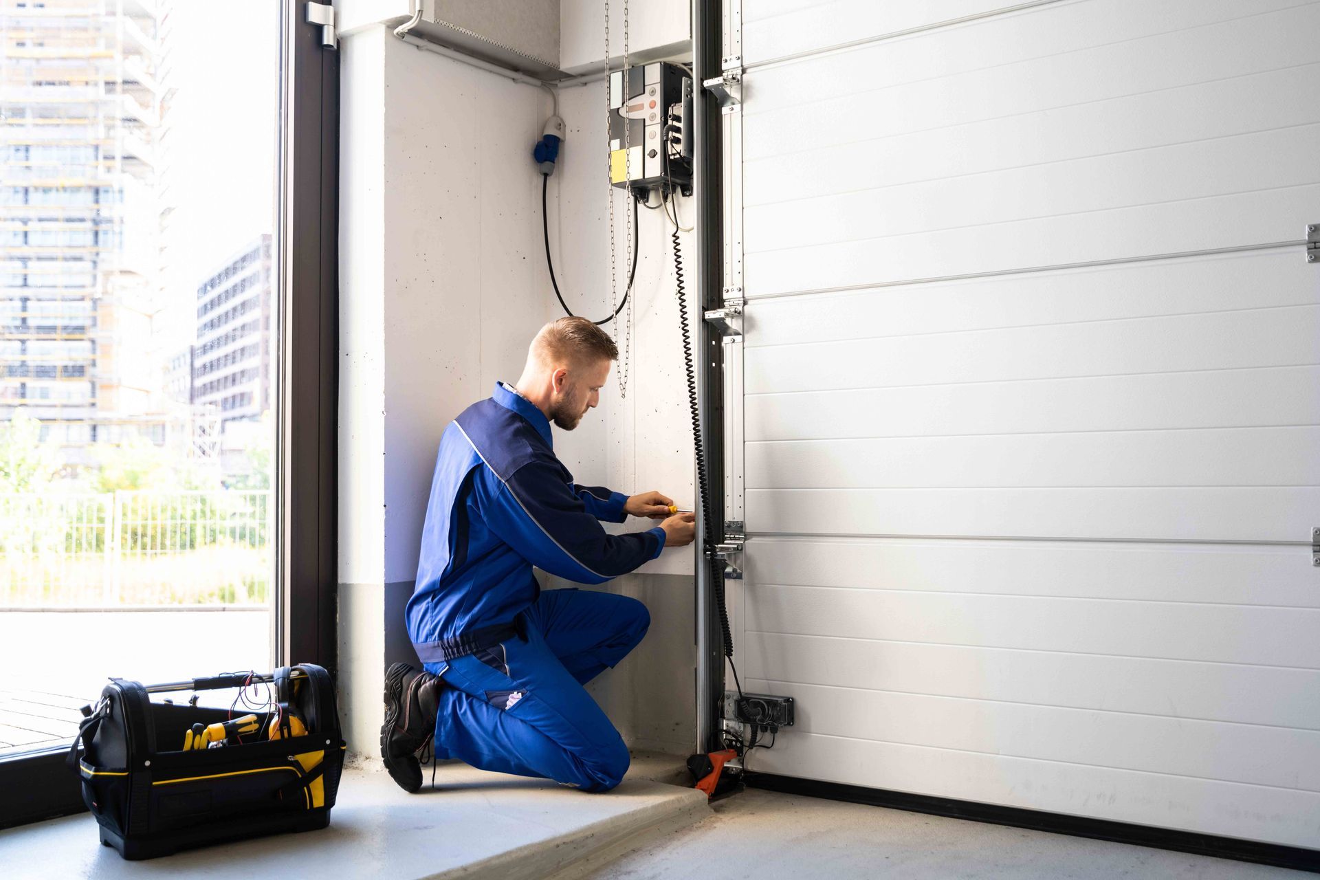 Garage door technician kneeling to repair an automatic door opener. Garage door technician kneeling to repair an automatic door opener.