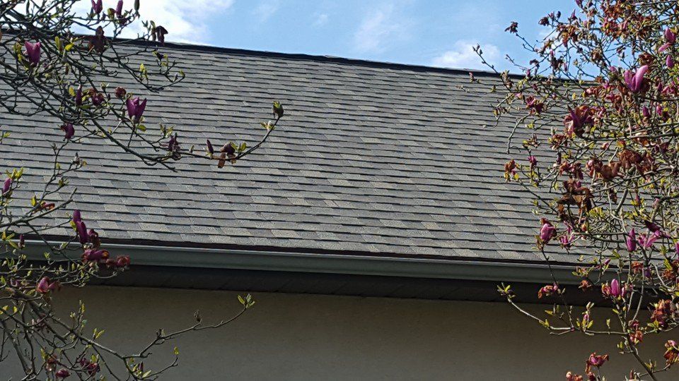 A house with a roof and a tree with pink flowers on it