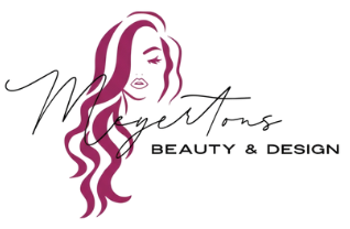 Logo for Meyertons Beauty & Design: woman's face and wavy hair in purple, with handwritten text and company name.