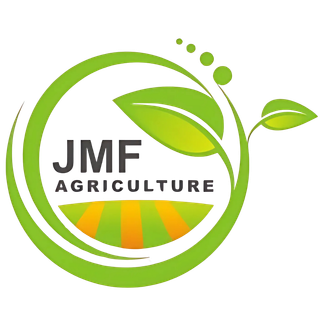 A logo for jmf agriculture with a green leaf in a circle