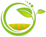 A green leaf in a circle with a field in the background