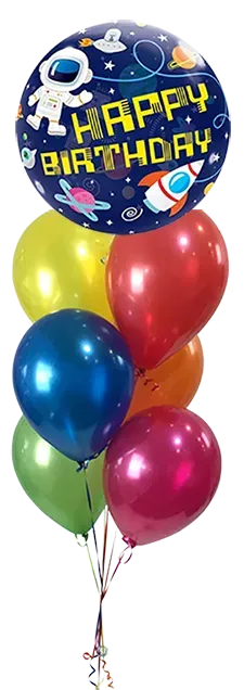 A bunch of colorful balloons with a happy birthday balloon in the middle.