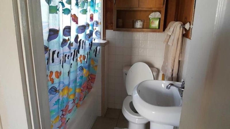 A bathroom with a toilet , sink and shower curtain.