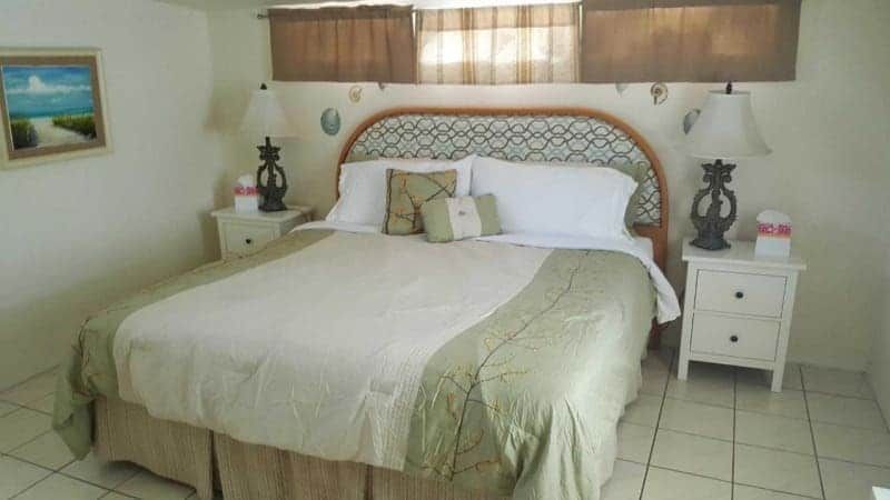 A bedroom with a king size bed and two nightstands