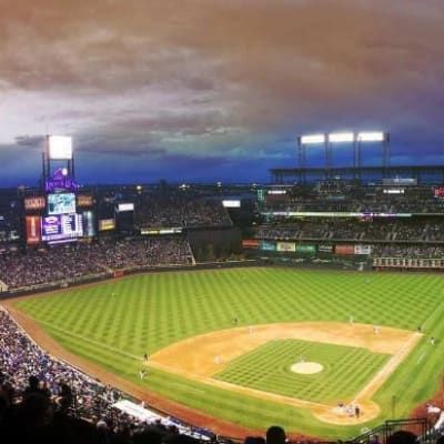 An aerial view of a baseball stadium at night