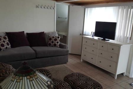 A living room with a couch and a television