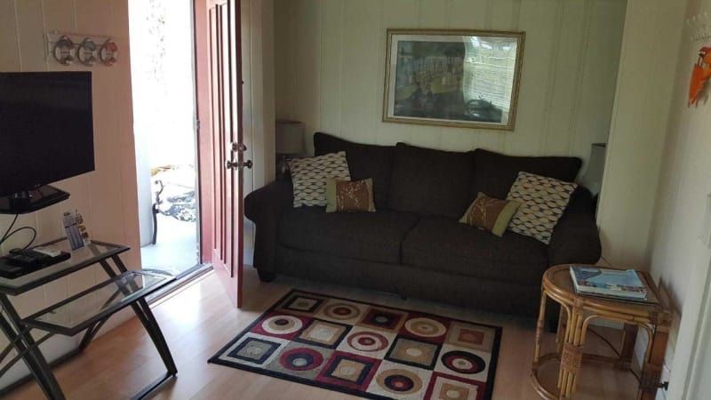 A living room with a couch and a rug