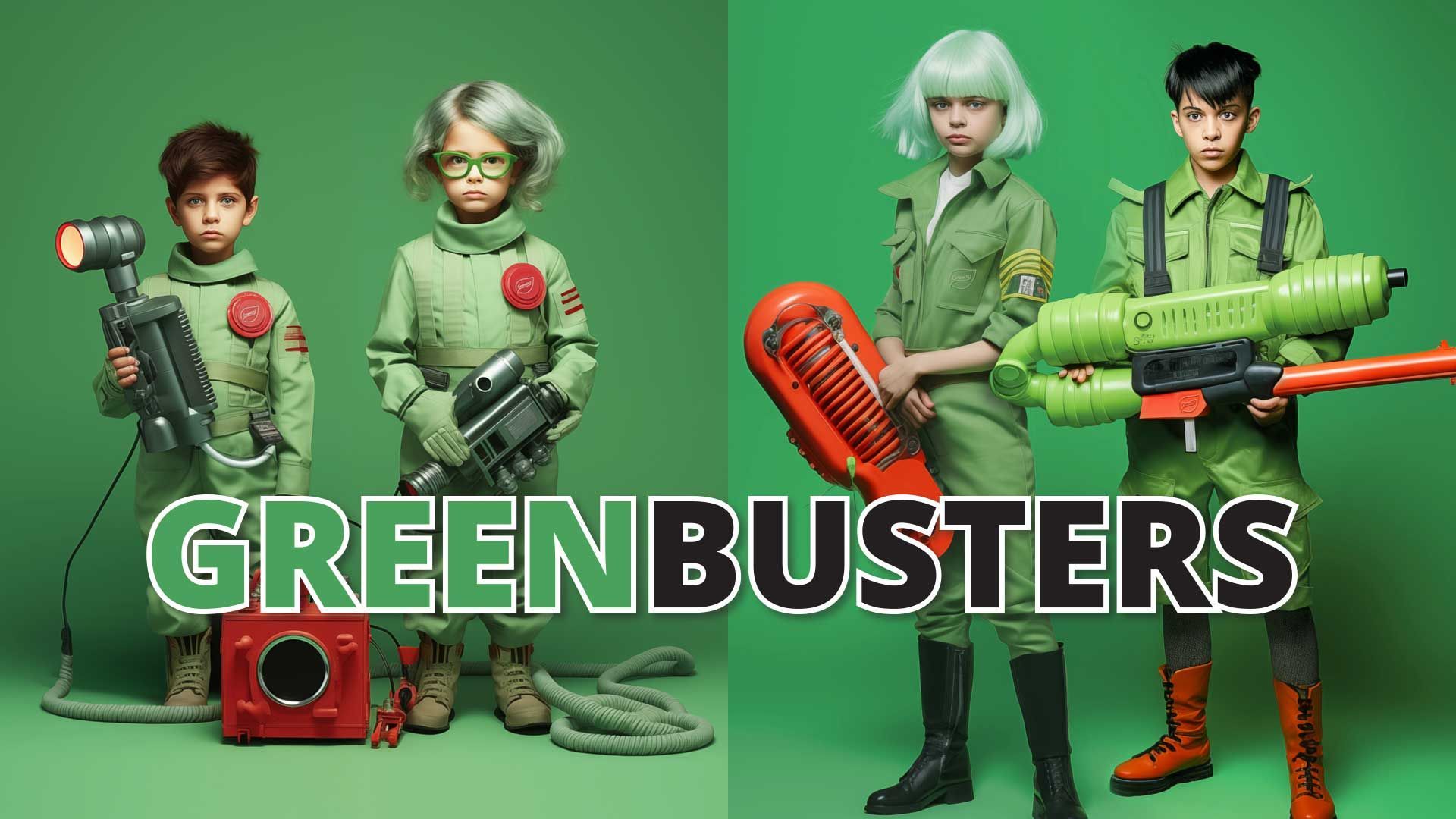 a group of children dressed as green busters are standing next to each other on a green background
