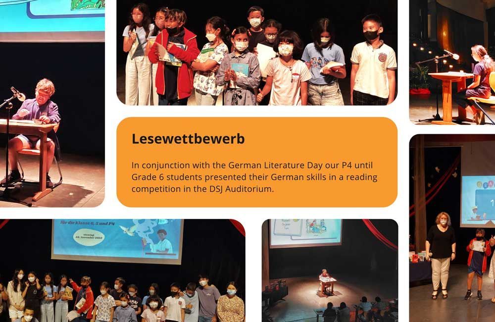 A collage of pictures of people standing in front of a stage.