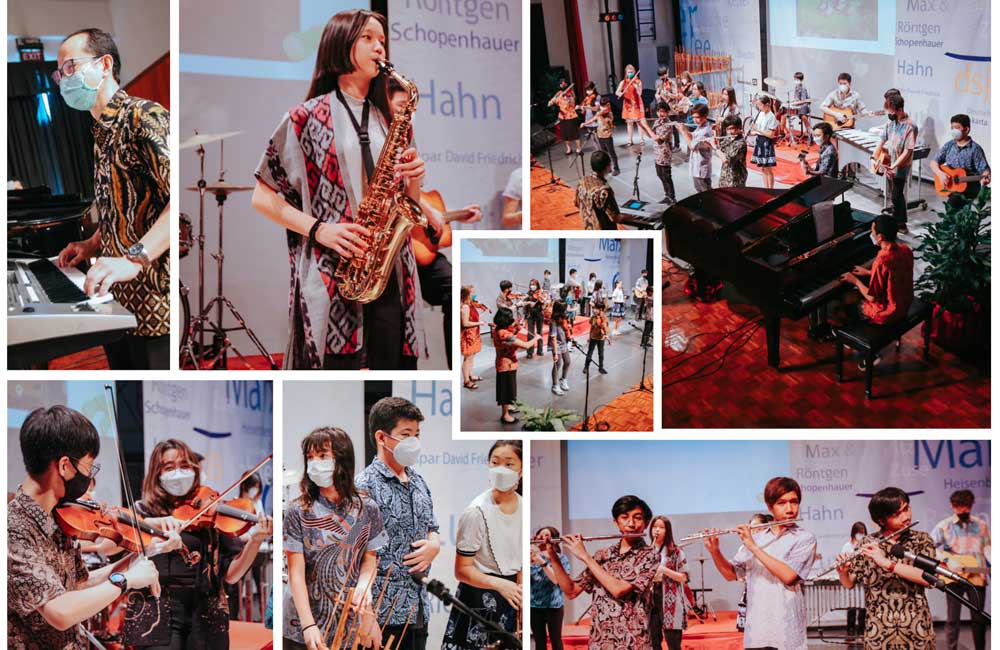 A collage of photos of people playing instruments on a stage.