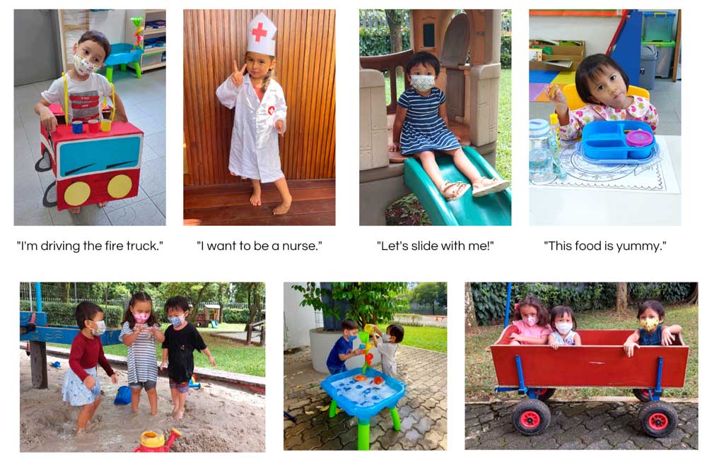 A collage of pictures of children playing in a playground.