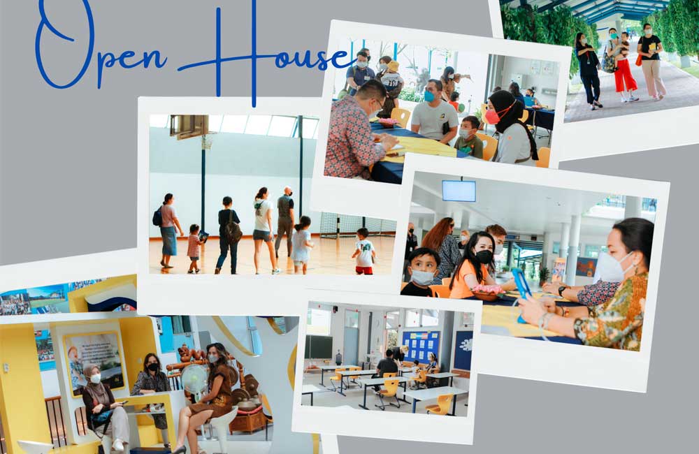 A collage of photos of people in an open house