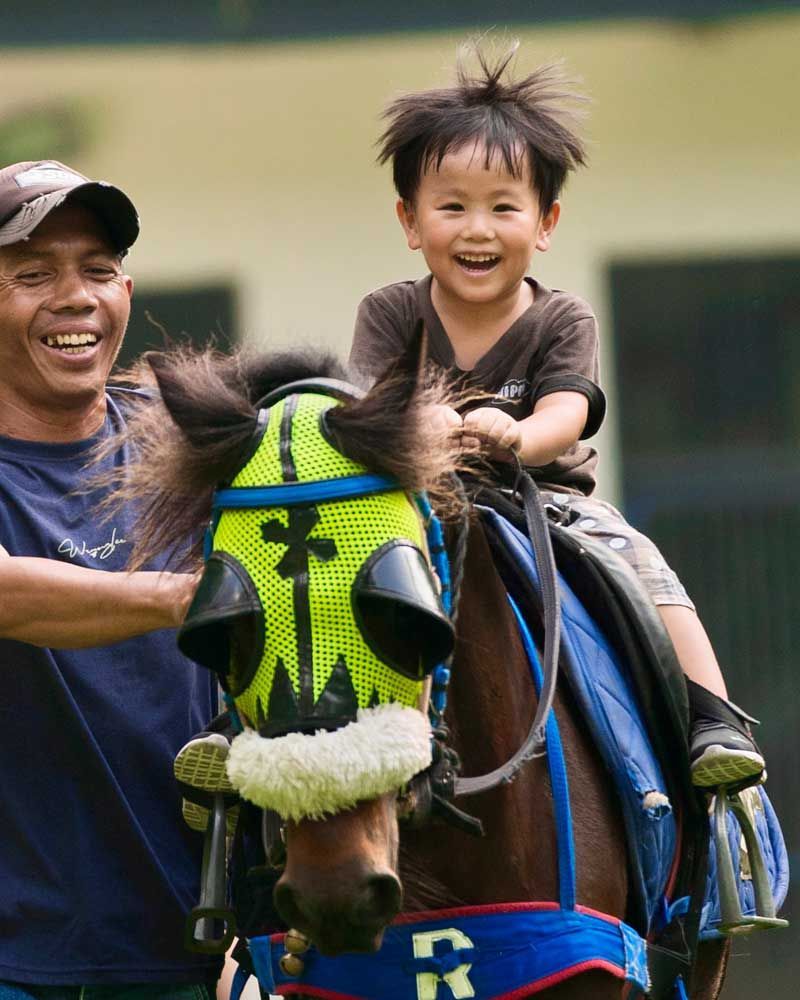 A little boy is riding on the back of a brown horse