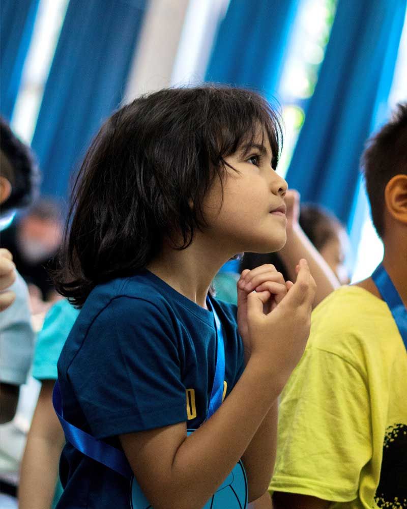 A little girl in a blue shirt is looking up at something