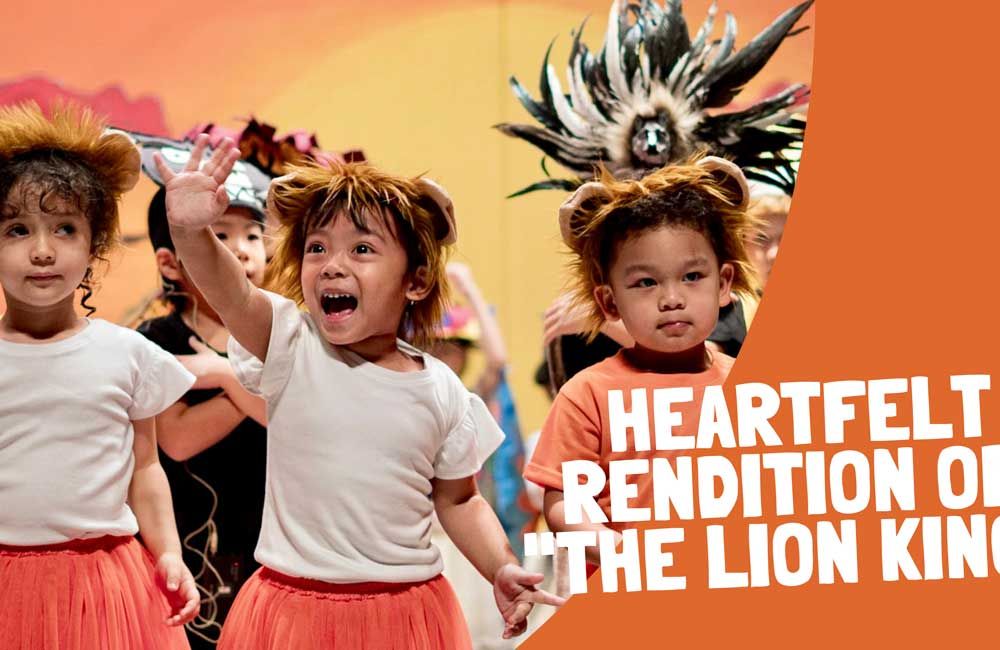 A group of young children are dressed up as lion king characters.