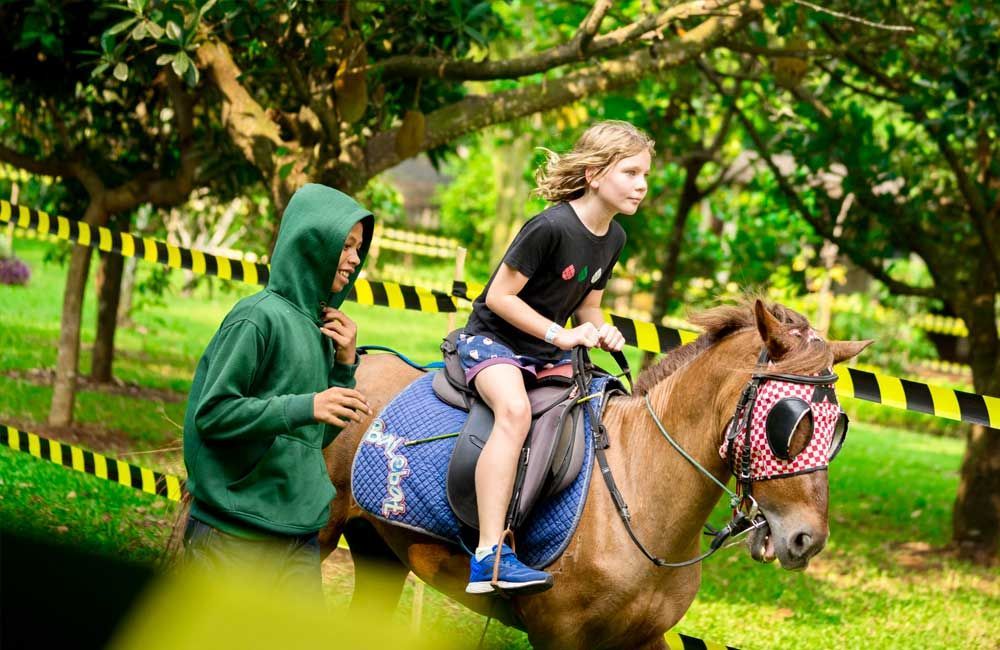 A girl is riding on the back of a brown horse.