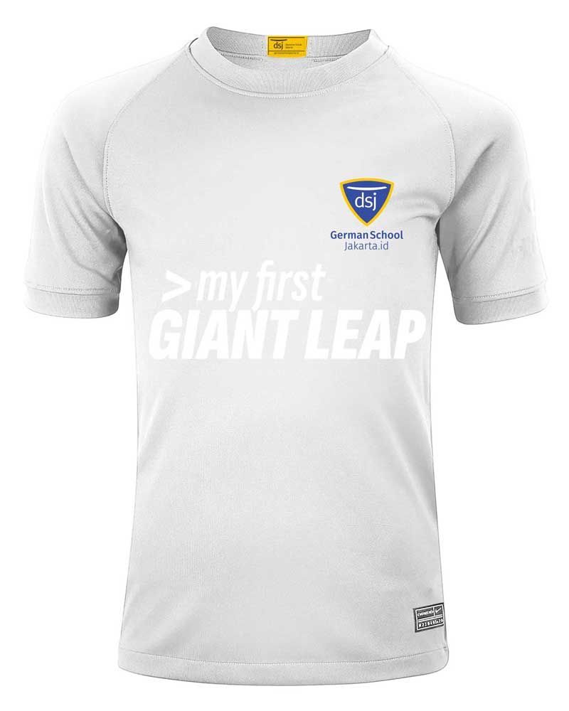 A white t-shirt with the words `` my first giant leap '' on it.