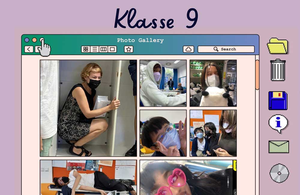 A computer screen shows a collage of photos titled klasse 9