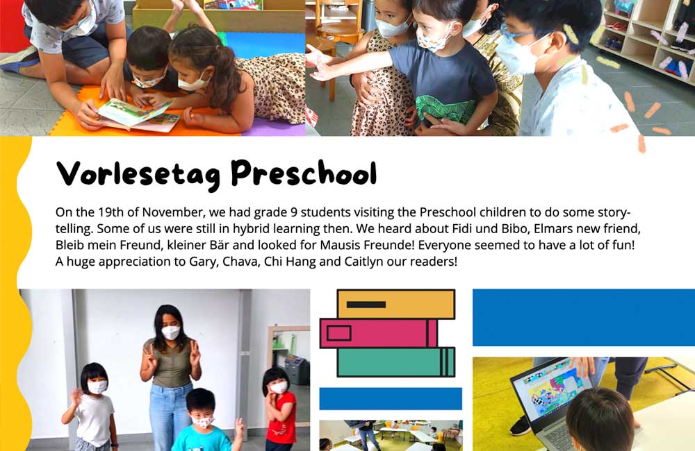 A group of children wearing face masks are reading books in a preschool.